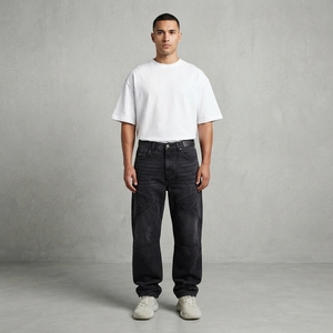Jean en denim de coton pour homme, coupe droite, taille haute, coupe slim, délavé foncé, style décontracté automne - Product Image 5