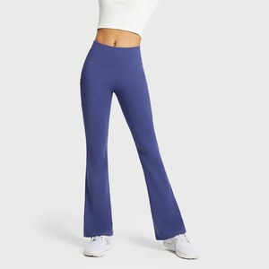 Pantalones de Mujer con Cintura Alta Elástica, Corte Acampanado, Bolsillos, Color Sólido, Tejido Elástico, Secado Rápido, Casuales, Largos, Azules, Spandex, Poliéster - Product Image 3