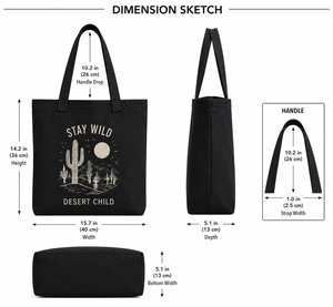 Stay Wild Desert Child <b>Canvas</b> <b>Tote</b> Bag Black Large Customized Closure Top Handle Screen Print Design for Shopping & Travel - Product Image 2