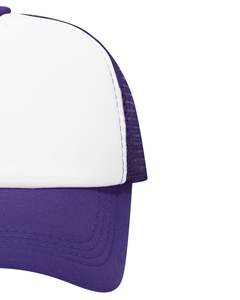 Gorra trucker personalizada blanca y morada con malla trasera, cierre ajustable, transpirable, frente de espuma de poliéster, logotipo personalizado, gorra de béisbol en blanco. - Product Image 3