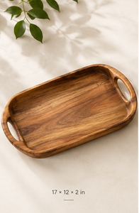 Plateau de service ovale moderne en bois d'acacia avec poignées, motif végétal, pour anniversaires, mariages, usage domestique, hôtelier et de restauration - Product Image 2