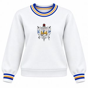 Pull blanc à col rond avec broderie de blason grec bleu et or, col et poignets rayés, ourlet côtelé, tricot universitaire personnalisé - Product Image 1