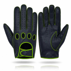 Gants de conduite en cuir de mouton noir pour hommes et femmes, coutures vertes, trous de ventilation, respirants, confortables, pour la conduite quotidienne - Product Image 6