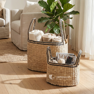 <b>Seagrass</b> <b>Storage</b> <b>Basket</b> Natural Woven Carry <b>Basket</b> Green Trim Utility Organizer for Kids Room and Home Decor - Product Image 4
