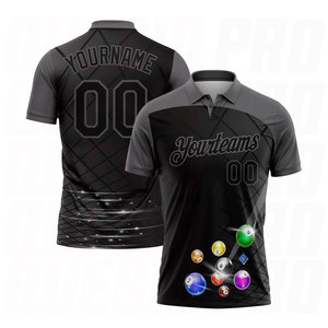 เสื้อโปโลดีไซน์ลาย 3 มิติ สีดำเทา แบบกำหนดเอง สำหรับกีฬาบิลเลียด คุณภาพพรีเมียม ปักชื่อและโลโก้ทีมตามสั่ง - Product Image 1