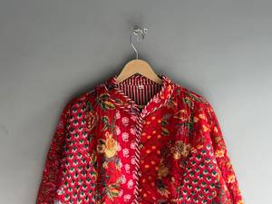 <b>Quilted</b> YELLOW GIFT FOR HER Cotton <b>Jacket</b> Women Floral <b>Pattern</b> Mandarin Collar Full Sleeve Autumn Regular Length Patch Pocket - Product Image 2