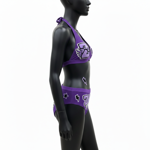 Conjunto de Bikini para Mujer, Tejido Texturizado Premium de Poliéster y Spandex, Color Morado, Estilo Halter, con Parche de Chenilla - Product Image 3