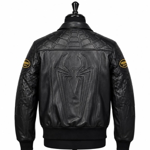 Veste de course en cuir noir Spider-Man |   Sangle en toile gaufrée et blouson de motard inspiré de Marvel, streetwear super-héros haute performance - Product Image 3