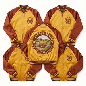 Fournisseur en gros Veste bomber de baseball en satin marron doré brodée motif Harvest Wain Wagon, style souvenir - Product Image 1