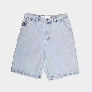 <b>Men's</b> Light Blue Washed Denim Bermuda <b>Shorts</b> With Character <b>Patch</b> Casual Mid Waist Button Fly Cotton Canvas Style - Product Image 1
