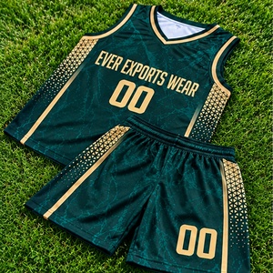 Ensemble de maillots et shorts de basketball vert foncé avec motifs dorés, personnalisable, impression personnalisée pour les équipes de basketball - Product Image 2