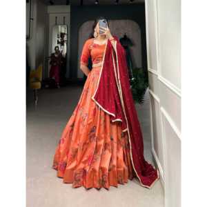 Increíble Tussar Seda Naranja Hilo Bordado Trabajo Lehenga Choli Con Dupatta - Product Image 1