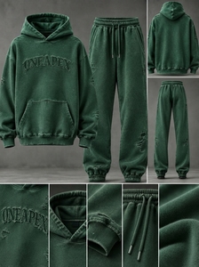Ensemble de survêtement homme vert oversize délavé à l'acide, en coton épais, avec sweat à capuche et pantalon de jogging, style streetwear, personnalisable avec marque privée - Product Image 4