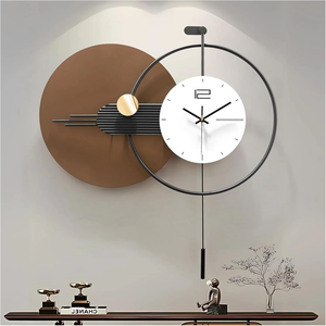 Minimalist oversized ring wall <b>clock</b> with brown disc accent and linear pendulum detail, available at wholesale prices. - Product Image 1