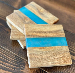 Posavasos de resina epoxi de madera de mango más vendidos con soporte, juego de posavasos de madera de mango de exótico arte indio - Product Image 1