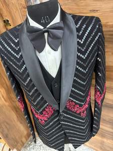 Costume de smoking noir brodé pour homme avec motif chevron à paillettes – Blazer formel de marié pour mariage, costume 3 pièces - Product Image 3