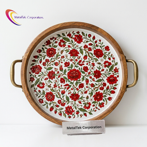 Bandeja Redonda de Madera de Acacia Hecha a Mano con Incrustaciones de Esmalte Floral Rojo y Asas Doradas, Elegante Bandeja Decorativa para Servir en el Hogar - Product Image 1