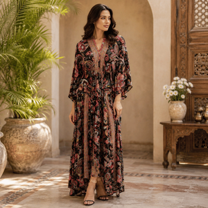 Designer Silk Maxi Gown Free Size Ibiza Black Paisley Print Hand Painted| Bohemian <b>Kaftan</b> <b>Dress</b> for Vacation and Holiday Wear - Product Image 1