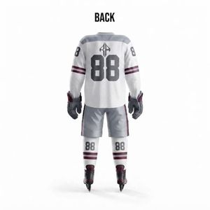 Conjunto de Uniforme de Hockey sobre Hielo para Hombre, Blanco con Gris y Marrón, Impresión por Sublimación, Cuello en V, Manga Larga, 100% Poliéster - Product Image 3