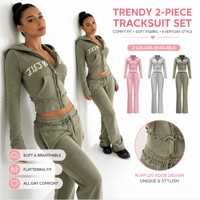 Women's Y2K Vintage 2 Piece Tracksuit Frayed Edge Zip up Cropped Hoodie & Flare Pants Set Streetwear Loungewear