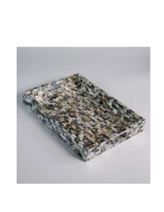 Elegante bandeja de madera y nácar con asa metálica dorada pulida, organizador de postres, precio económico. - Product Image 6