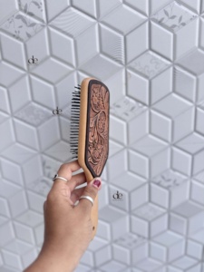 Handmade Hand Tooled Leather Wooden Hair <b>Brush</b> Carved Floral Design <b>Scalp</b> Massage Manual Use Rectangular Shape Deepika Exports - Product Image 5