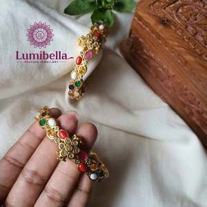 Navarathna Gold Plated Bridal Bangles Set-18K Charm Bracelets for Engagement - Product Image 1