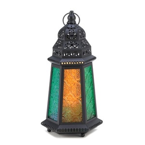 Lanterne en fer avec panneaux en verre bleu gaufré, design géométrique, décoration d'intérieur, porte-bougie - Product Image 3