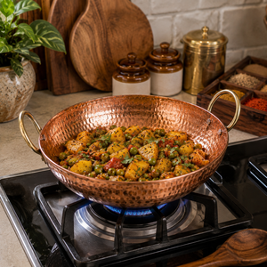 Premium Hand Hammered Pure Copper Kadhai with Brass <b>Handles</b> Traditional Indian Serving Bowl Heavy Duty Kitchen Cookware for Home - Product Image 3