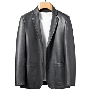 Nouvelle veste décontractée pour homme en cuir véritable de mouton bleu, respirante, coupe ajustée, style rétro, col à revers, tendance, pour l'hiver - Product Image 1