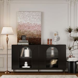 Mobiletto con 4 Ante in Vetro, Credenza in Legno Laccato Nero, Buffet Contenitore per Soggiorno - Product Image 4