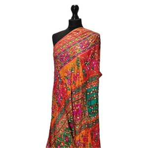Ethnic Handmade <b>Silk</b> Banjara Shawl Women's Floral Print Long <b>Scarf</b> With Mirror Work All Seasons Fashion Accessory Custom Colors - Product Image 1