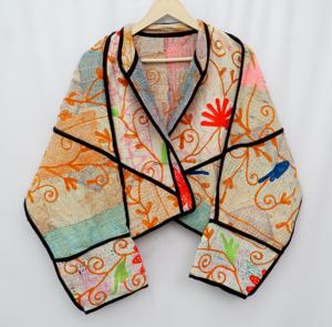 Veste Kantha en coton brodée à la main, à rayures tricotées et peintes, multicolore, manches longues, design asymétrique, vêtements d'extérieur pour femmes, printemps - Product Image 2