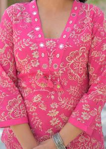 Premium Rani Pink 60x60 Cotton Digital Print Suit Set with Mirror Work <b>Kurta</b> Matching Pants and Dupatta for <b>Women</b> - Product Image 2