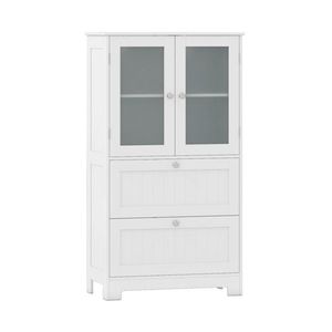 Mobiletto da terra regolabile con 2 cassetti e anta in vetro temperato satinato, credenza per soggiorno - Product Image 4