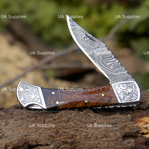 Handmade High Quality Damascus Steel Folding Knife Engraved Pine Cone Handle OEM ODM Pocket Knives with Leather Sheath Wholesale - Product Image 4
