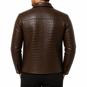 Chaqueta de Cuero de Oveja 100% Genuino de Lujo |   Chaqueta de Cuero Premium para Hombre con Logotipo Grabado en Relieve de Cocodrilo Marrón Personalizada para Invierno | OEM ODM - Product Image 4