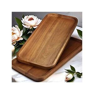 Plateau ottoman en bois d'acacia rustique, grand plateau de service décoratif avec poignées faciles à saisir pour la cuisine, la salle à manger, le bar à café - Product Image 2