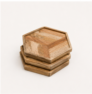 Handcrafted Hexagonal Mango Wood Coaster <b>Set</b> Of 4 Sustainable 3-Tone Chevron Pattern <b>Tea</b> & Coffee <b>Cup</b> Mats For Modern Home Mats - Product Image 2