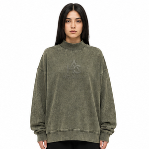 Sudadera Oversize de Felpa/Algodón con Lavado Ácido, Cuello Alto Simulado, Hombros Caídos, Color Negro, Premium, Estilo Urbano de Invierno, Más Vendida - Product Image 1