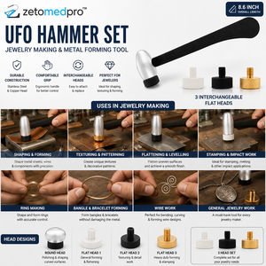 Ensemble de marteaux UFO 3 têtes interchangeables plates et rondes, outil de formage de métaux pour la fabrication de bijoux, 8,6 pouces, ZetomedPro - Product Image 3