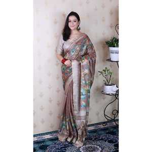 ผ้าไหมทัสซาร์สีน้ำตาลพิมพ์ลายธรรมชาติ ผ้าคลุมไหล่ทอแบบซารี ประดับด้วยลายซารีที่ละเอียดอ่อน - Product Image 5