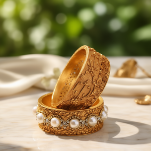 Classic Gold Plated <b>Copper</b> Kadda <b>Bangles</b> with Pearl Accents Oxidized Polish Finish India Origin - Product Image 3