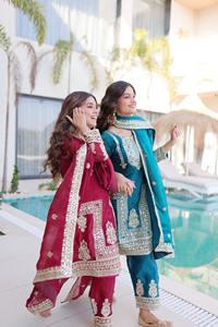 Latest <b>Women</b> <b>Wedding</b> Wear Fendy Silk with Codding Sequins Embroidered Work Salwar Kameez <b>Suit</b> with Lace Border Dupatta Dress - Product Image 2