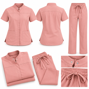 Women Pink Scrub Set Short Sleeve Top With <b>Pockets</b> And Elastic Waist Pants Hospital Uniforms For Medical <b>Staff</b> - Product Image 1
