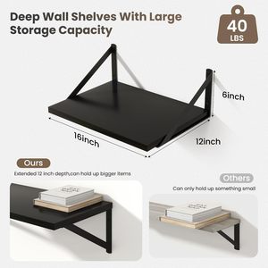 Set of 2 <b>Black</b> Floating Wall Shelves with Heavy Duty Metal Triangle Brackets Modern Wooden Display Shelves for Living Room <b>Bed</b> - Product Image 6