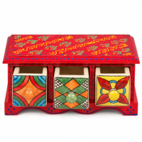 Boîte de rangement en bois peinte à la main avec 3 tiroirs |   Décoration traditionnelle indienne pour la maison |   Armoire à tiroirs en bois décorative