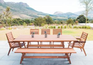Conjunto de Comedor Versátil de Madera de Teca Maciza para Exteriores con Mesa Rectangular, Sillones, Sillas Laterales y Banco Largo - Product Image 2