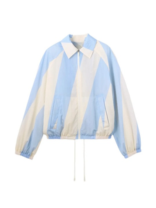 Unisex Color Blocking <b>Racer</b> <b>Jacket</b> Light Blue Cream Zipper Closure Turndown Collar Sporty Style Short Length Polyester Spring - Product Image 1