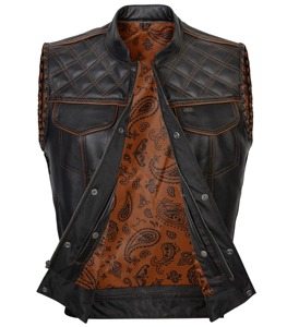 Gilet de motard en cuir véritable écologique pour homme, col montant, empiècements matelassés, poches, motif cachemire, fermeture éclair, vêtement d'extérieur hiver - Product Image 2
